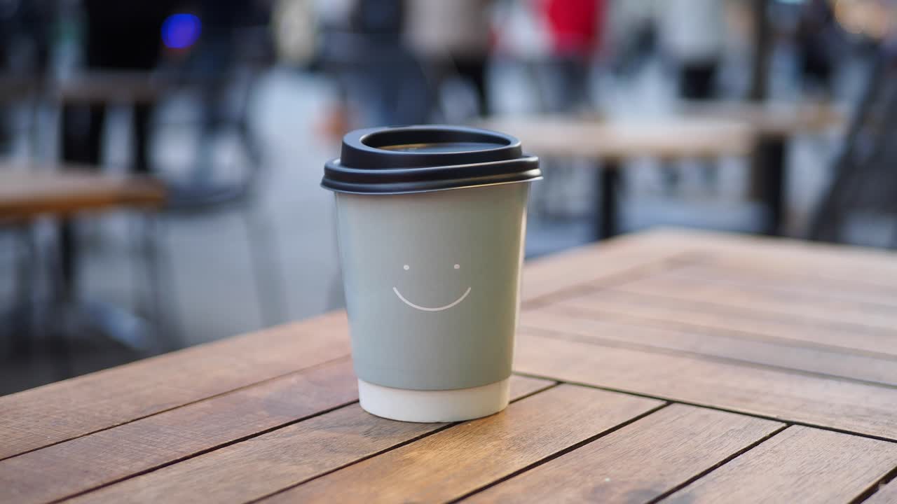 quita la taza de café de papel de la mesa de la cafetería .