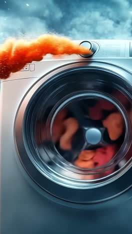 laundry machine creating colorful steam. a washing machine emits vibrant red steam, mixing with clouds for a stunning visual effect.