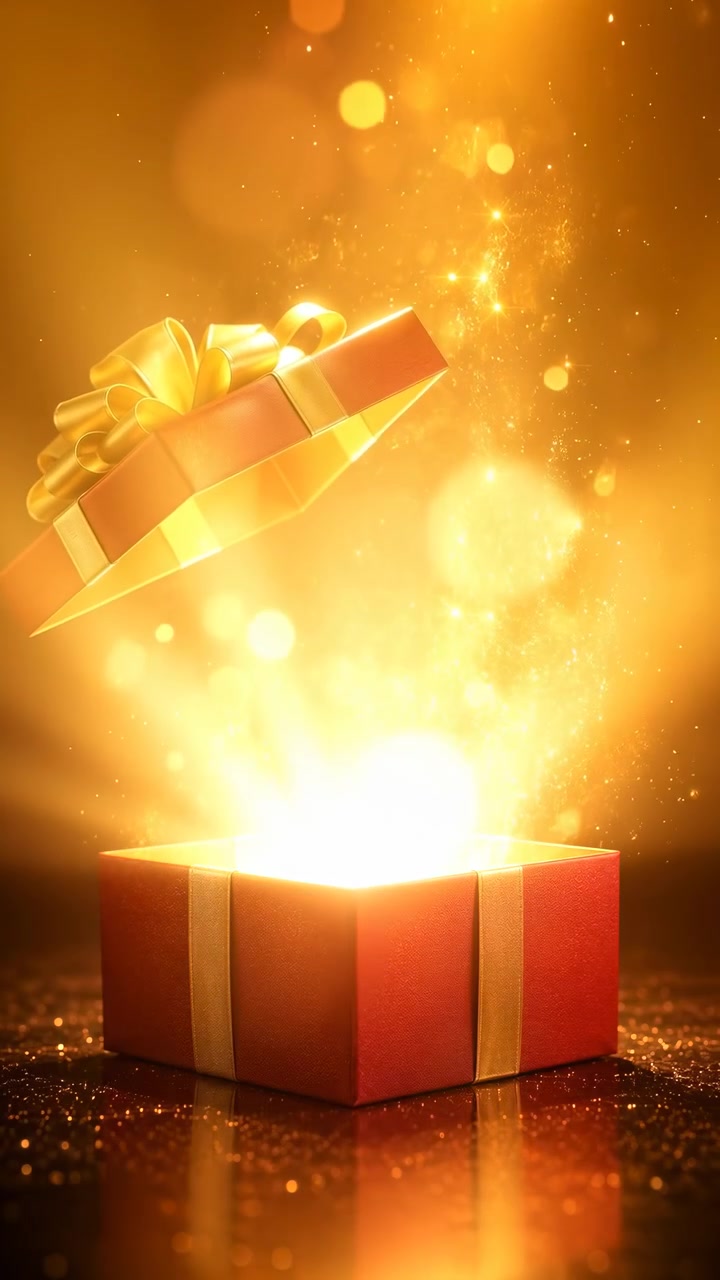 Una scatola regalo rossa con un nastro dorato viene aperta mentre una luce dorata brillante e particelle scintillanti si alzano contro uno sfondo scuro, creando un'atmosfera festosa ed elegante.
