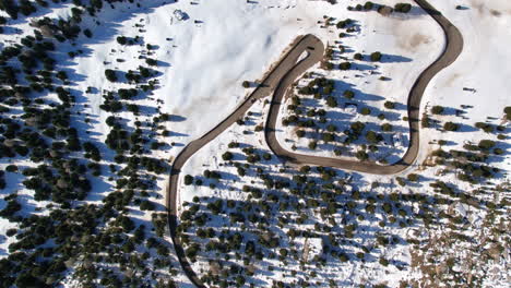 captivating aerial view of a winding road cutting through a snowy forest, showcasing the intricate patterns and serene winter landscape