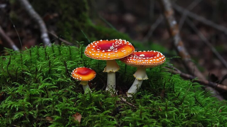 Vibrant red fly agaric mushrooms nestling among lush green moss, emerging from shadowy forest floor, showcasing woodland ecosystem's intricate natural beauty and mysterious essence