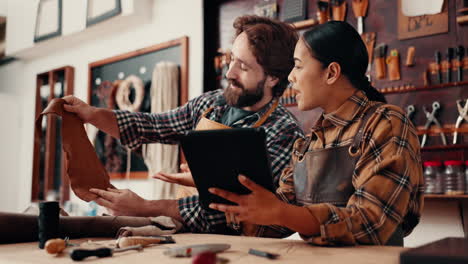 Leather-factory,-man-and-woman-with-tablet