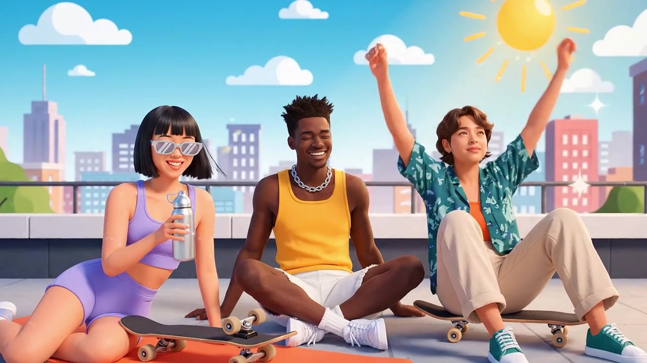 Group of Friends Enjoying a Sunny Day: Relaxing on a Rooftop While Working on Skateboards and Engaging in Fun Conversation Under a Bright Sun