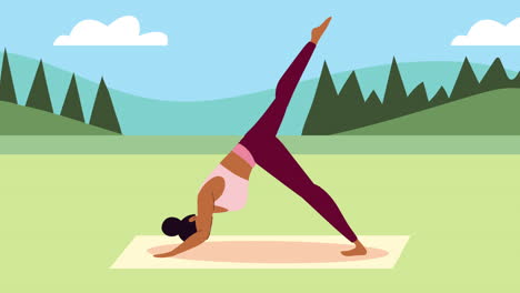 woman brunette practicing yoga in the landscape