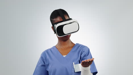 vr glasses, nurse and hand in studio digital