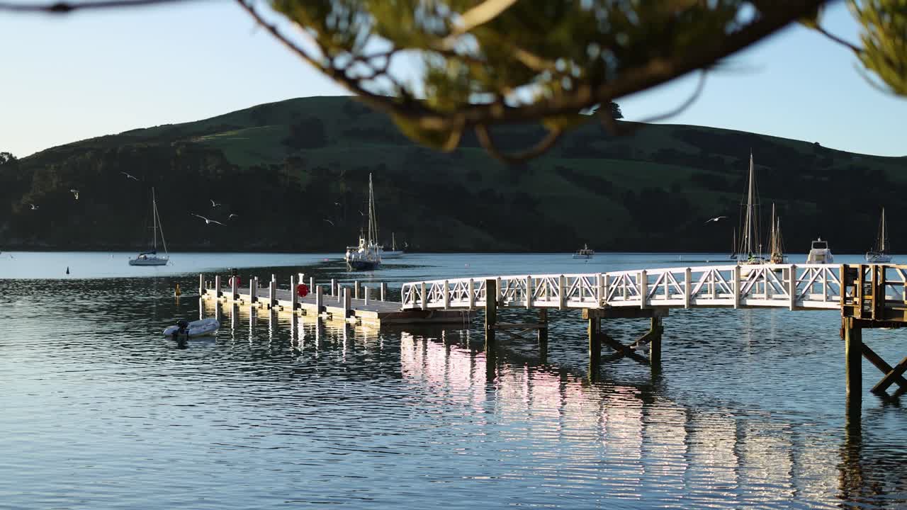 A tranquil scene of a pier and sailboats on calm waters under soft autumn lighting in Akaroa, New Zealand