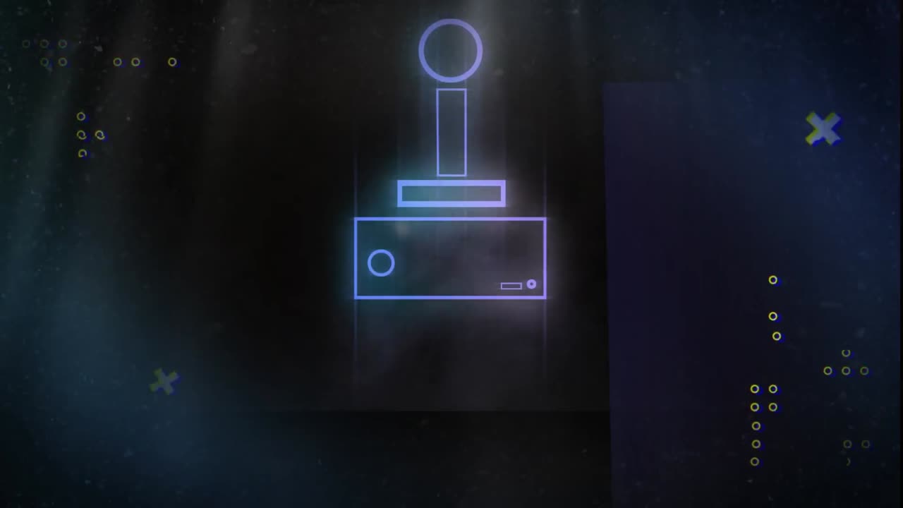 анимация джойстика над неоновыми формами на черном фоне