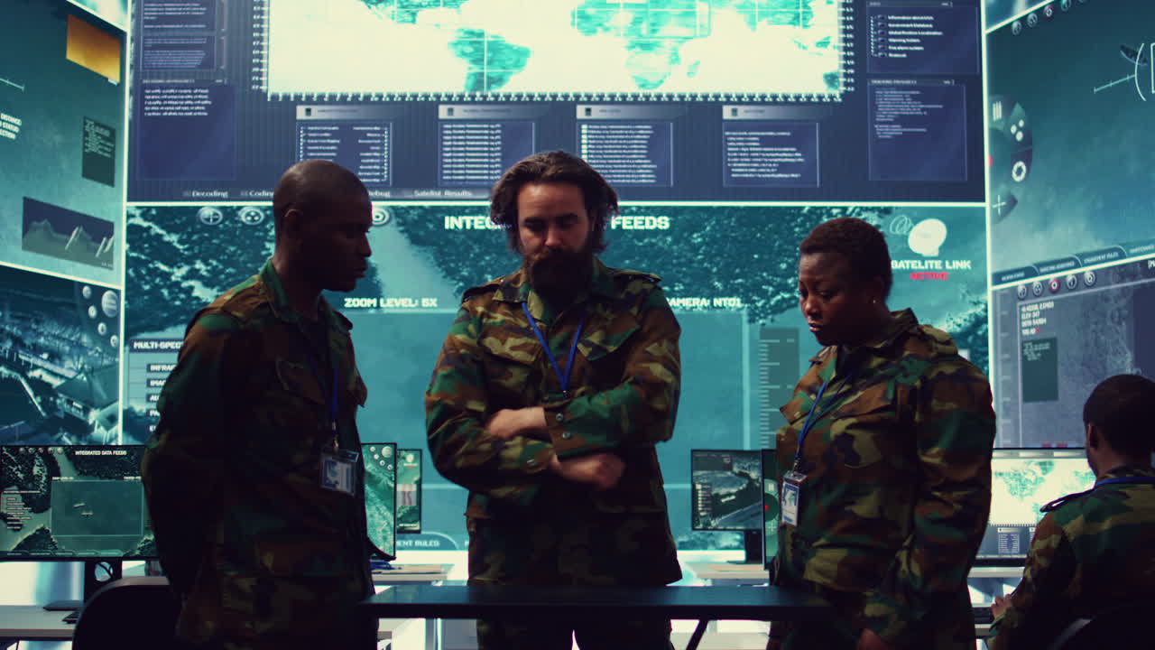 diversos oficiales del ejército examinando datos en tiempo real en un holograma