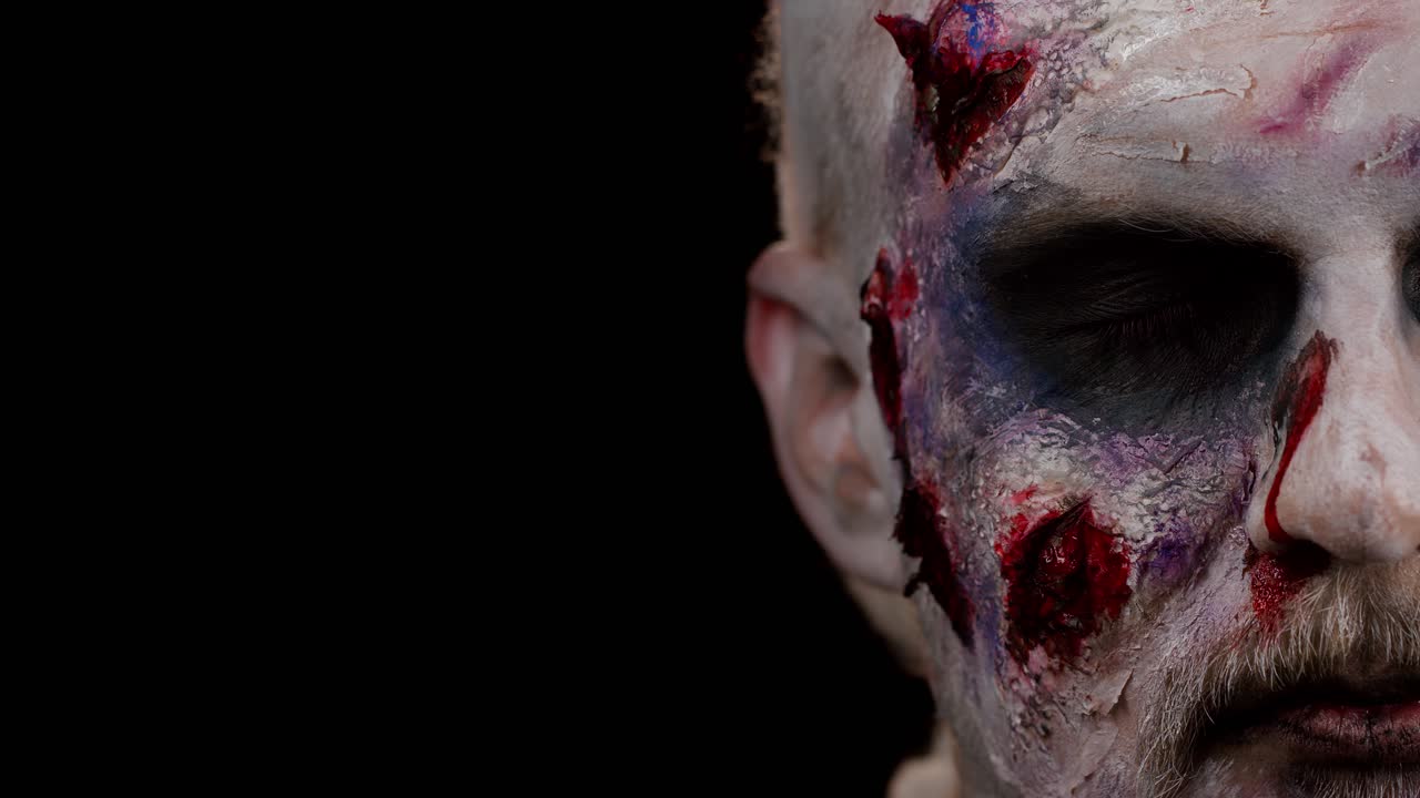 Frightening man face with Halloween zombie bloody wounded makeup, trying to scare, face expressions