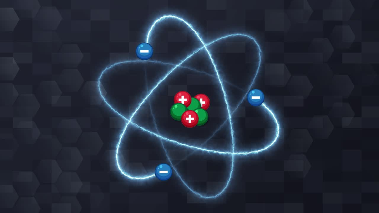 Animated atom model rotates, showing glowing electron orbits and nucleus on a dark hexagonal background