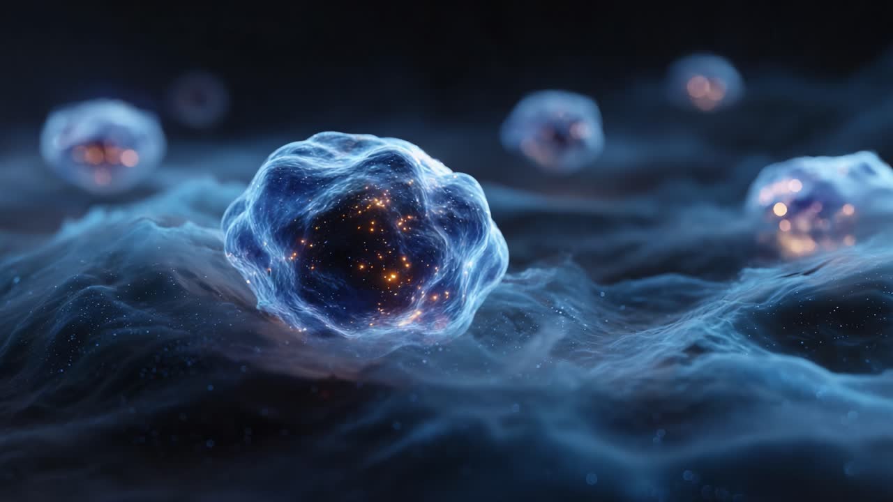 Exploring the Mysteries of Microscopic Life: A Stunning Visual Journey Through Vibrant, Glowing Cell-like Structures Amidst a Cosmic Fog of Energy