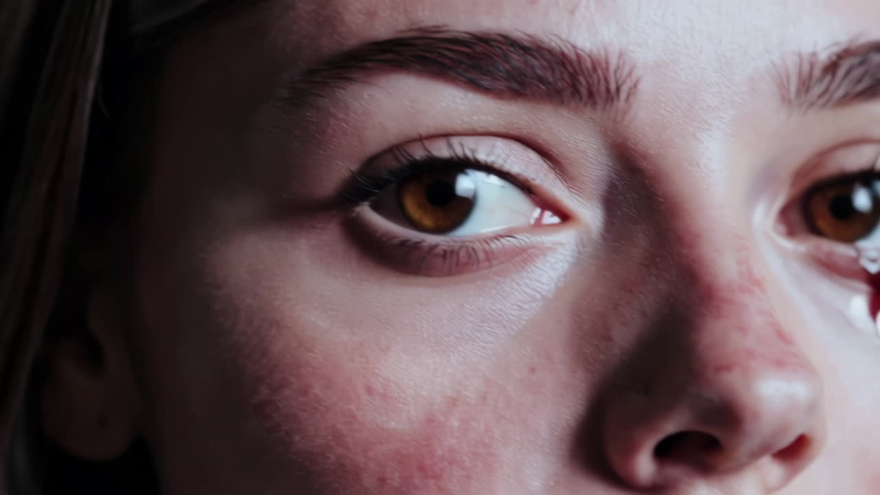 Close-up of a woman's face with blood and wounds