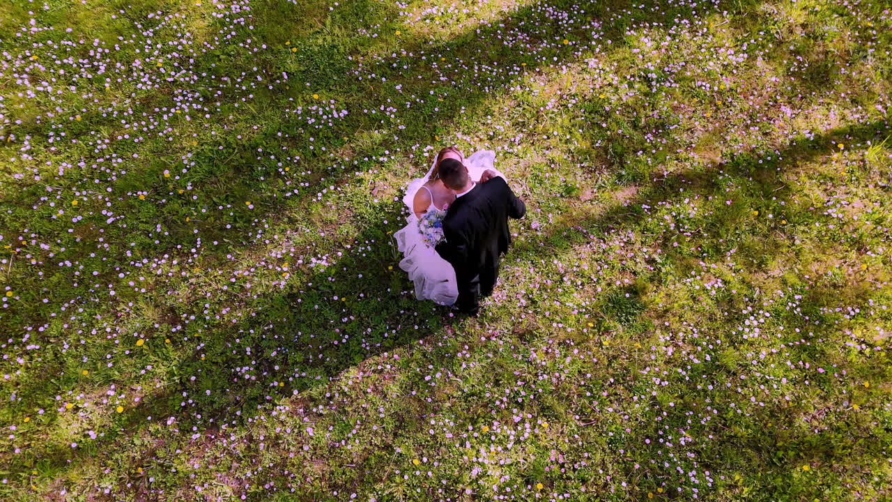 A couple in wedding attire dances on a meadow sprinkled with wildflowers and framed by soft tree shadows, capturing an emotional and tender moment from above