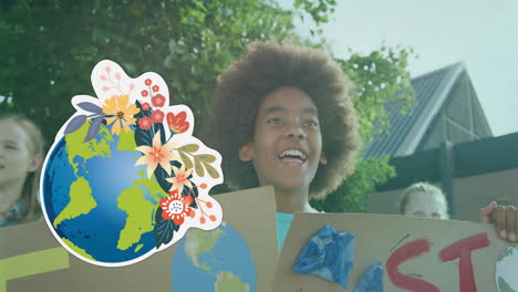 animation of planet earth with flowers over biracial boy with climate change placard at protest