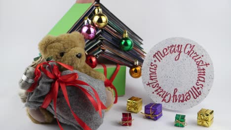 teddy bear and  christmas decoration, white background, children's decorative composition