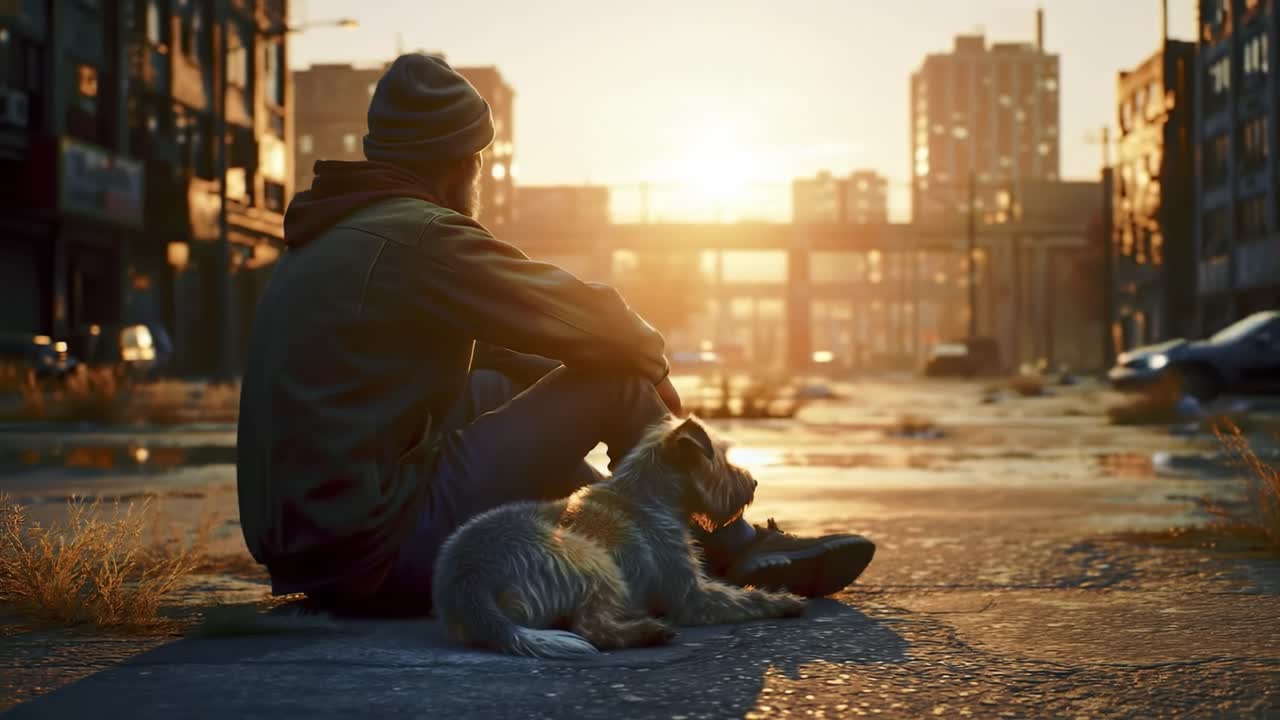 A solitary figure and his faithful dog enjoy a moment of tranquility at sunset, surrounded by an urban landscape that merges nature with the remnants of human civilization.