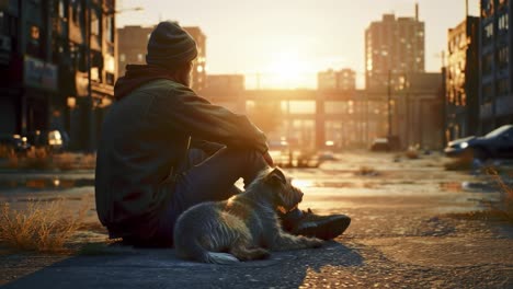 a solitary figure and his faithful dog enjoy a moment of tranquility at sunset, surrounded by an urban landscape that merges nature with the remnants of human civilization.