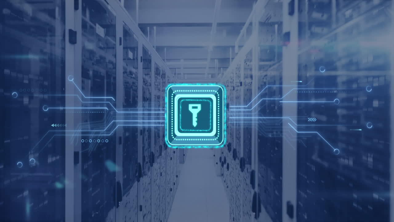 키 아이콘, 회로판 및 컴퓨터 서버를 통해 데이터 처리의 애니메이션