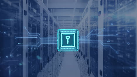 Animation-of-key-icon,-circuit-board-and-data-processing-over-computer-servers