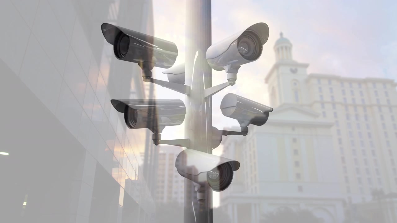 Multiple Security Cameras Rotating and Scanning in a City