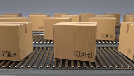 4k loop cardboard boxes on conveyor belt line isolated on white grey background. distribution warehouse. e-commerce, storage, delivery and packaging service concept. close up, dof. 3d animation