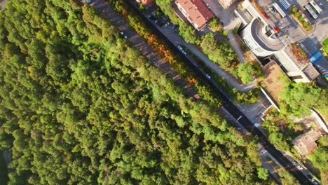 San-Marino,-Italy,-top-down-drone-view,-fly-into-the-city-from-forest