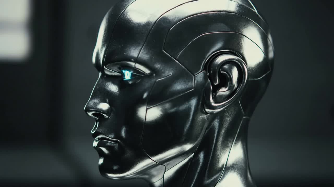 Activating polished chrome humanoid head scanning sensors in lab for calibration, with cyan eyes