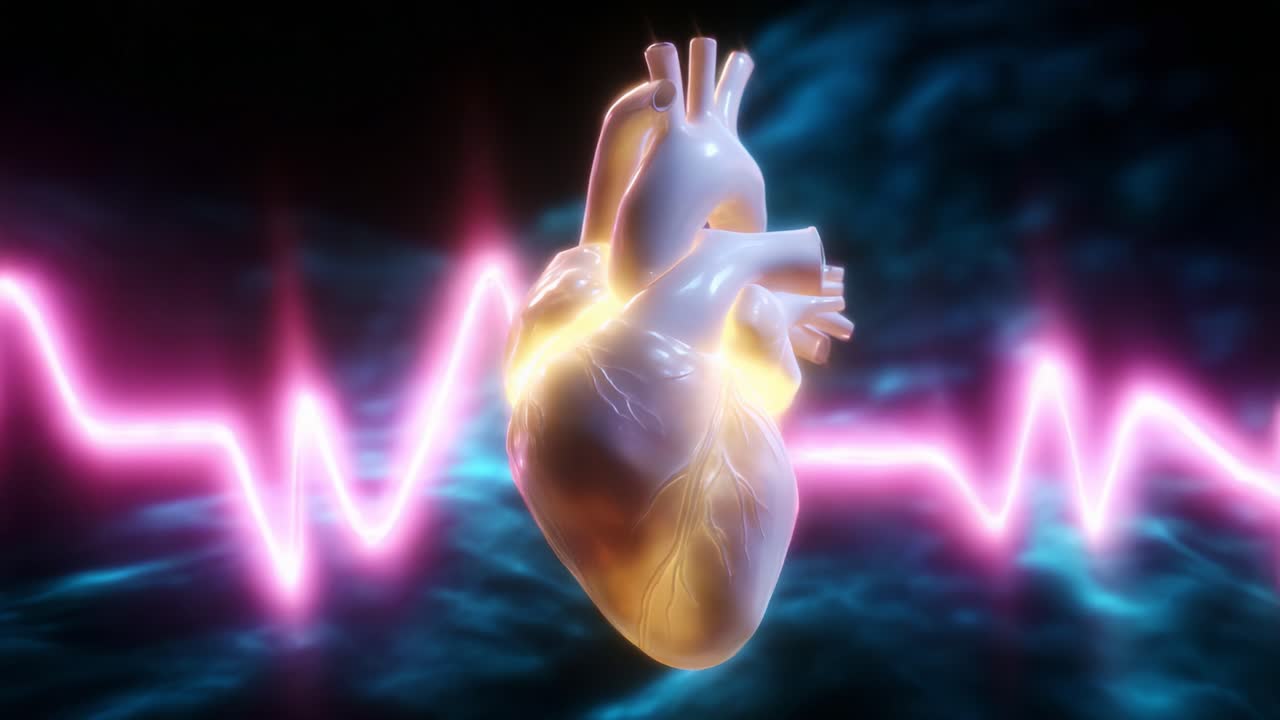 A stunning visualization of a human heart pulsating amidst a vibrant, luminous electrocardiogram display, illustrating the vital beat of life with intricate anatomical detail and an eye-catching digital effect