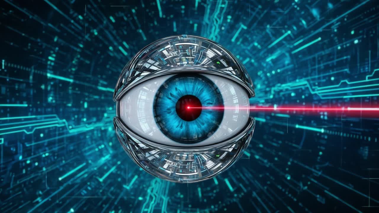 A futuristic, high-tech representation of a cybernetic eye, featuring advanced circuitry, digital effects, and a vibrant laser beam emerging from the center, symbolizing vision and technological innovation