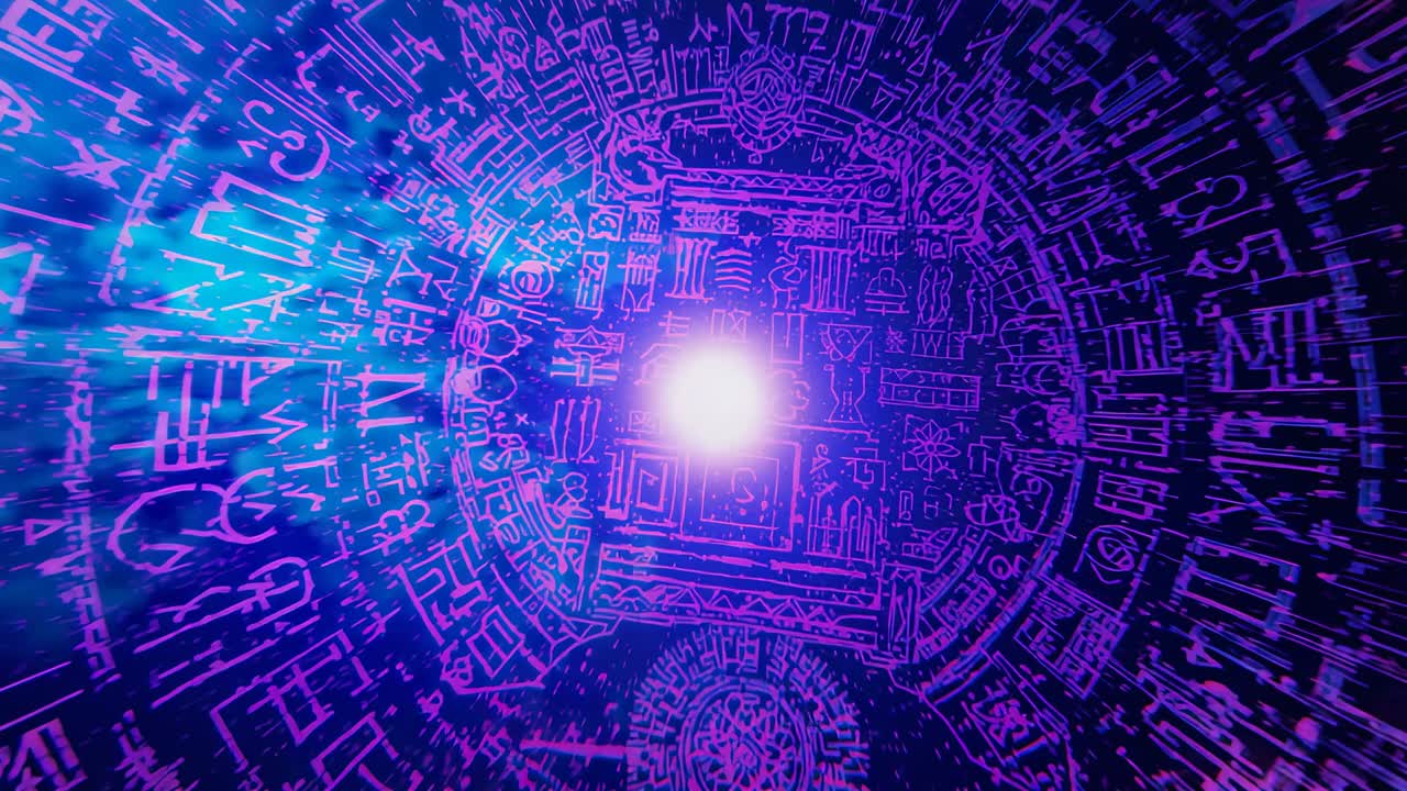 Emerging white-violet orb brightening neon glyph rings rotating in digital void, with portal effect