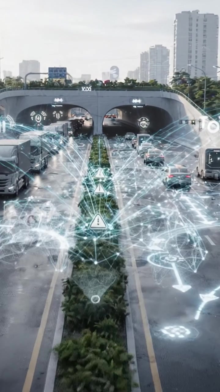 Incrocio urbano futuristico con sistema di gestione del traffico intelligente che migliora la sicurezza e l'efficienza in un vivace ambiente cittadino.
