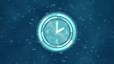 animación de un reloj en movimiento sobre una red de conexiones con procesamiento de datos en fondo azul.