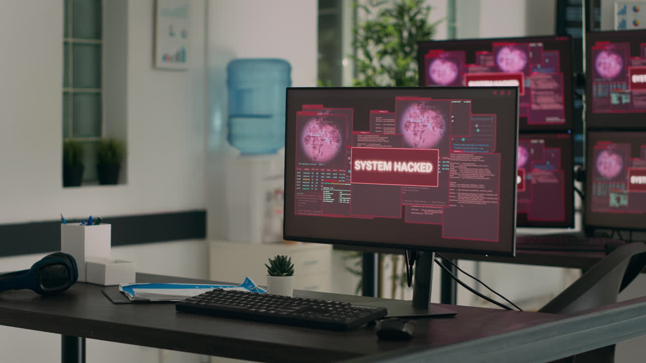 Computers displaying hacking attack alert and security breach