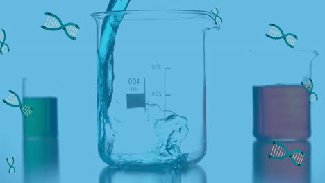 animación de adn sobre agua que se vierte en vidrio de laboratorio y fondo azul