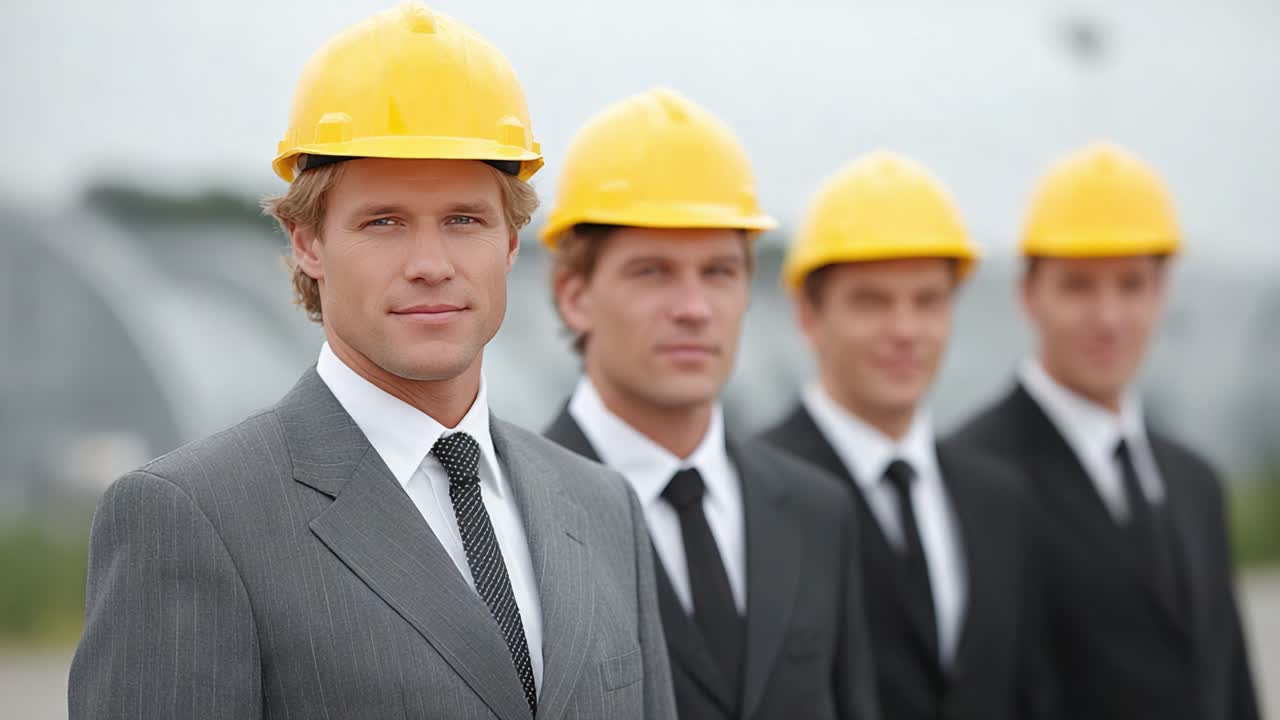 A group of four professionals in suits and hard hats standing confidently, showcasing teamwork and readiness in a construction or industrial setting
