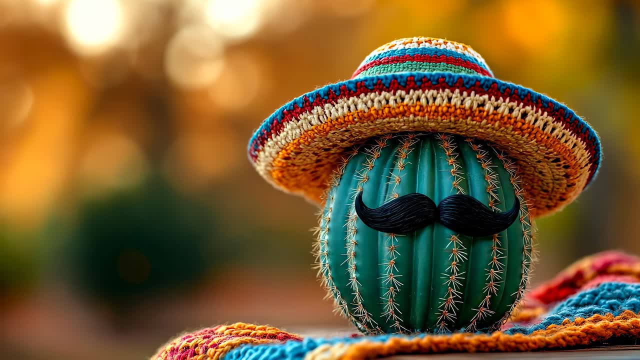 Cactus con sombrero y bigote bajo la luz del sol. Un cactus lleva un sombrero colorido y un bigote falso. La luz del sol crea un fondo cálido.