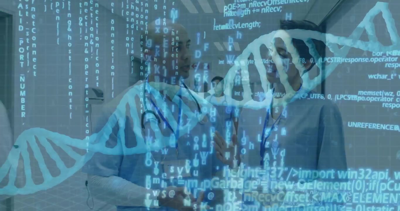 Doctor gesturing to DNA helix walking hospital corridor nurse tapping tablet reviewing genetic data