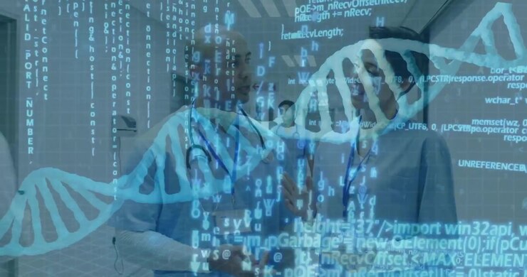 Doctor gesturing to DNA helix walking hospital corridor nurse tapping tablet reviewing genetic data