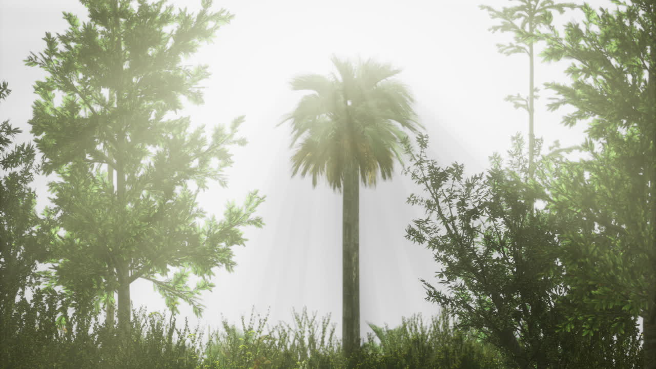 Sunlight filters through lush foliage in a serene tropical landscape