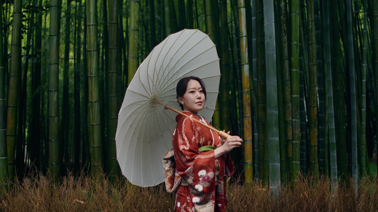 Woman in Kimono in a Bamboo Forest