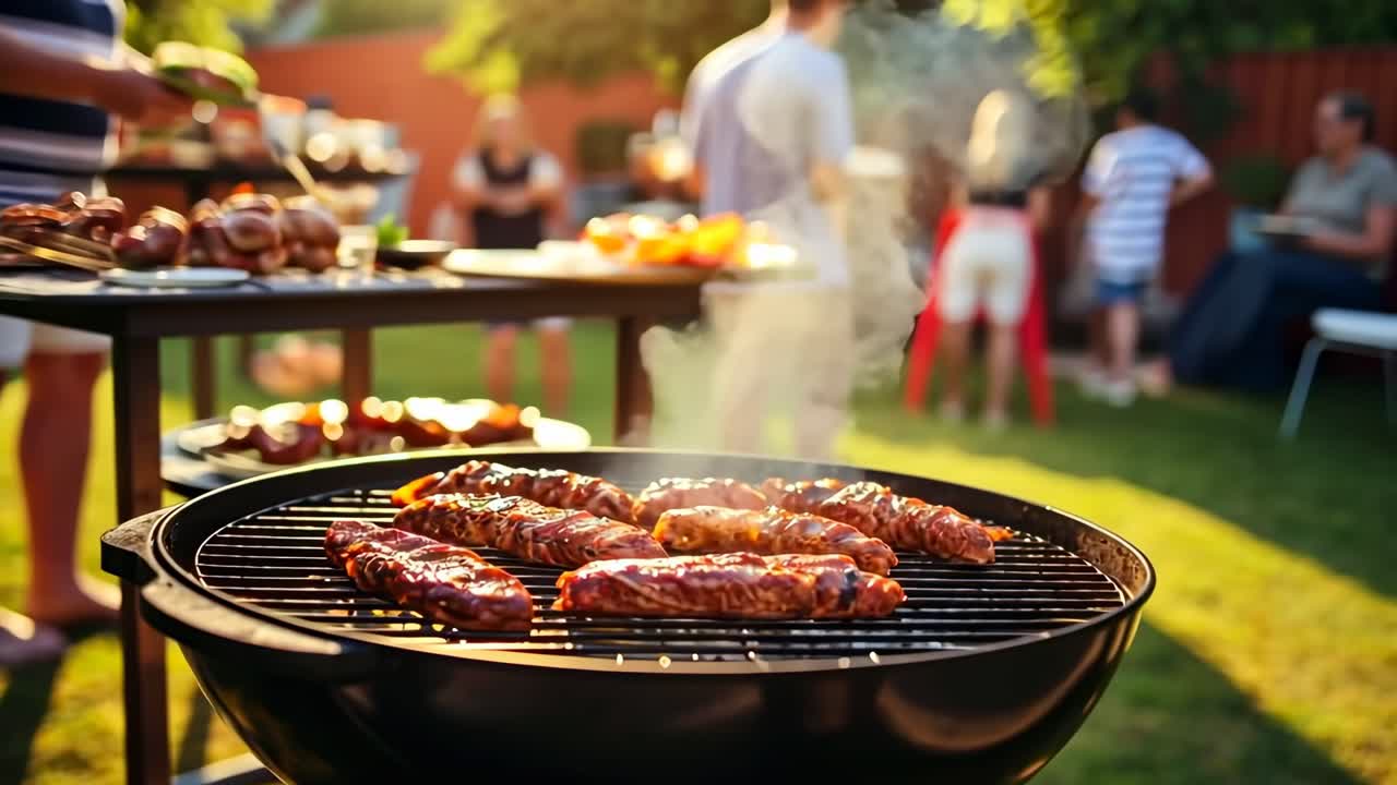 Close-up, eye-level shot of a BBQ grill with sizzling meat, capturing a lively outdoor gathering