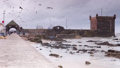 Seagulls-flying-above-the-port-and-entrance-to-Essaouira,-Morocco-on-a-stormy-day