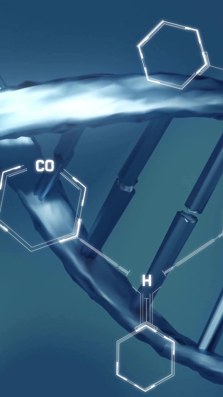 Animazione di elaborazione dati scientifici su filamento di DNA in rotazione