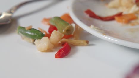 leftover chopped vegetables on a white plate and table
