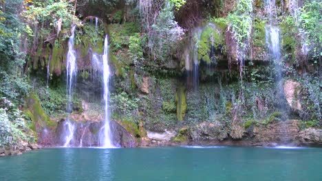 a lush and fertile tropical waterfall flows into a green pool