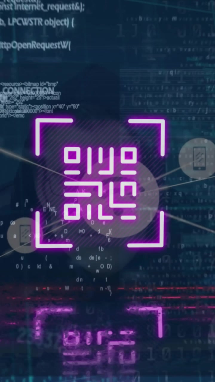 Animation of qr code, programming language and binary codes over close-up of hacker wearing mask