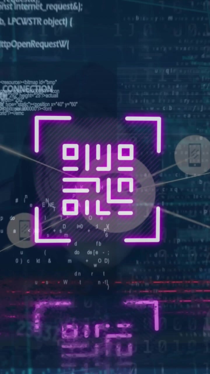 Animation of qr code, programming language and binary codes over close-up of hacker wearing mask