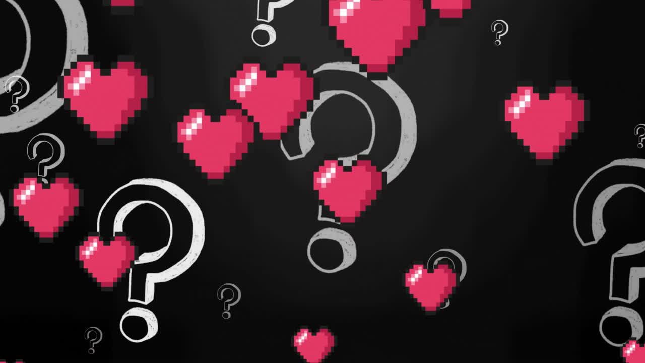Animation of social media heart icons and question marks on black background