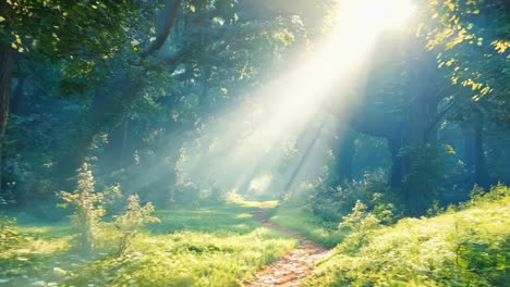 a path through a forest with sunlight shining through the trees