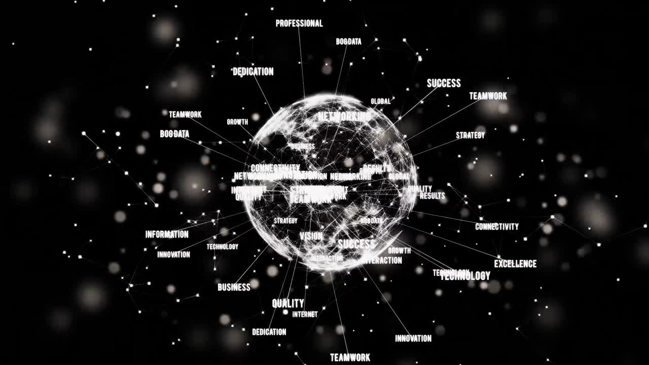 animación de puntos de luz en todo el mundo con una red de conexiones con textos en fondo negro.